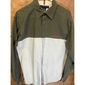 Tommy Hilfiger Mens Colorblock Button Down Shirt Olive Green White Cotton Size M